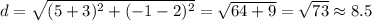 d=\sqrt{(5+3)^2+(-1-2)^2} =\sqrt{64+9} =\sqrt{73} \approx 8.5