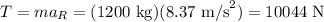 T = ma_R = (1200\text{ kg})(8.37\text{ m/s}^2) = 10044 \text{ N}