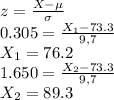 z= \frac{X-\mu}{\sigma}\\0.305= \frac{X_1-73.3}{9,7}\\X_1=76.2\\1.650= \frac{X_2-73.3}{9,7}\\X_2=89.3