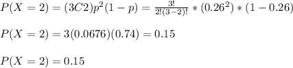 P(X=2)= (3C2)p^{2}(1-p)=\frac{3!}{2!(3-2)!}*(0.26^{2})*(1-0.26)\\   \\P(X=2)=3(0.0676)(0.74)=0.15\\\\P(X=2)=0.15