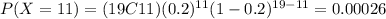 P(X=11)=(19C11)(0.2)^{11} (1-0.2)^{19-11}=0.00026