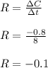 R=\frac{\Delta C}{\Delta t}\\\\R=\frac{-0.8}{8}\\\\R=-0.1
