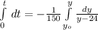 \int\limits^t_0\, dt = -\frac{1}{150} \int\limits^y_{y_{o}} \frac{dy}{y-24}