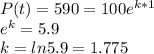 P(t) =590= 100e^{k*1}\\e^k = 5.9 \\ k=ln 5.9 = 1.775