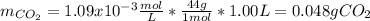 m_{CO_2}=1.09x10^{-3}\frac{mol}{L}*\frac{44g}{1mol}*1.00L=0.048gCO_2