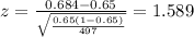 z=\frac{0.684 -0.65}{\sqrt{\frac{0.65(1-0.65)}{497}}}=1.589
