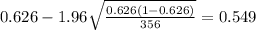 0.626 - 1.96\sqrt{\frac{0.626(1-0.626)}{356}}=0.549