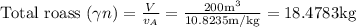 \text { Total roass }(\gamma n)=\frac{V}{v_{A}}=\frac{200 \mathrm{m}^{3}}{10.8235 \mathrm{m} / \mathrm{kg}}=18.4783 \mathrm{kg}