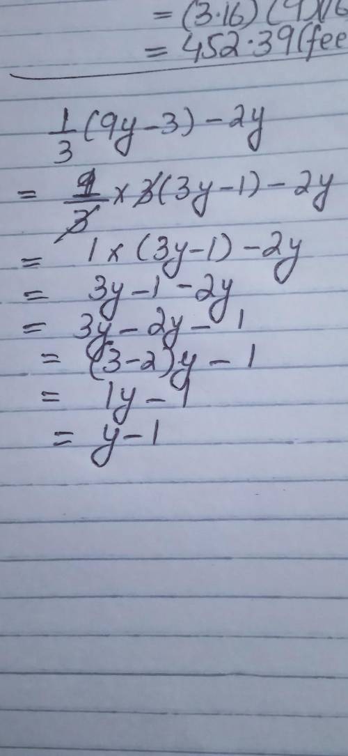 What is the coefficient of y when the expression 1/3(9y-3)-2y is simplified?