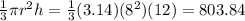 \frac{1}{3} \pi r^{2} h = \frac{1}{3} (3.14) (8^{2}) (12)= 803.84