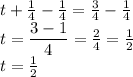 t+\frac{1}{4}-\frac{1}{4} =\frac{3}{4}-\frac{1}{4}\\t=\dfrac{3-1}{4}=\frac{2}{4}=\frac{1}{2}\\t=\frac{1}{2}