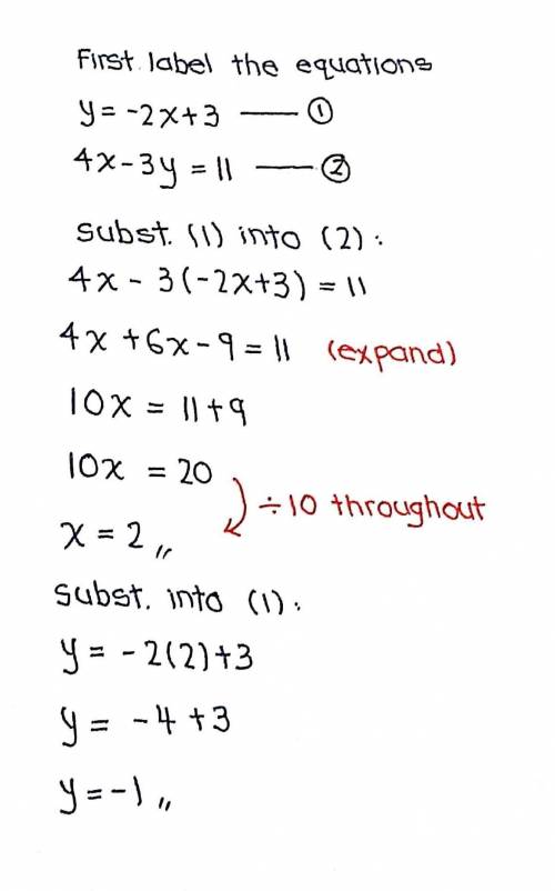 Look at the system of equations below.  y = -2x + 3  4x - 3y = 11  what is the solution to the syste