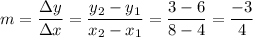 m=\dfrac{\Delta y}{\Delta x}=\dfrac{y_2-y_1}{x_2-x_1}=\dfrac{3-6}{8-4}=\dfrac{-3}{4}