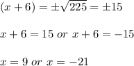 (x+6)=\pm \sqrt{225}=\pm 15\\\\x+6 = 15\ or\ x+6 = -15\\\\x= 9\ or\ x = -21