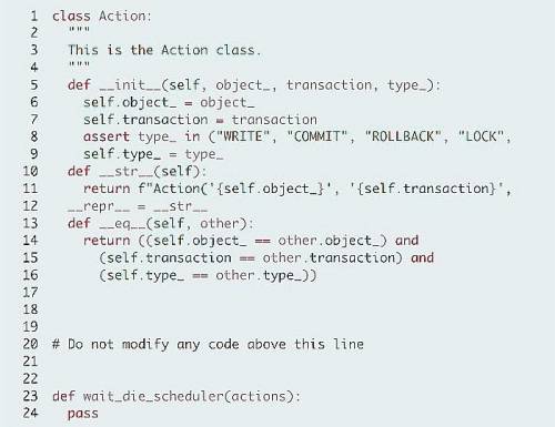 Write a function, named wait_die_scheduler that takes a list of actions, and returns a list of act