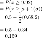 =P(x \geq 9.92)\\=P(x \geq \mu + 1(\sigma))\\=0.5 - \dfrac{1}{2}(0.68.2)\\\\=0.5 - 0.34\\=0.159