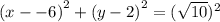 {(x -  - 6)}^{2}  +  {(y - 2)}^{2}  =  {( \sqrt{10} })^{2}