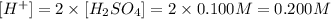 [H^+]=2\times [H_2SO_4]=2\times 0.100 M= 0.200 M
