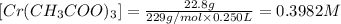 [Cr(CH_3COO)_3]=\frac{22.8 g}{229 g/mol\times 0.250 L}=0.3982 M