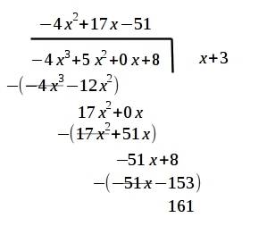 Using long division, determine if x+3 is a factor of -4x³+5x²+0x+8 and show all work.