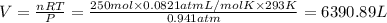 V=\frac{nRT}{P}=\frac{250 mol\times 0.0821 atm L/mol K\times 293 K}{0.941 atm}=6390.89 L