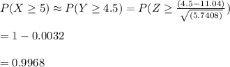 P(X \geq 5) \approx P(Y \geq 4.5) = P(Z \geq\frac{ (4.5-11.04)}{\sqrt{(5.7408)}})\\\\=1-0.0032\\\\=0.9968