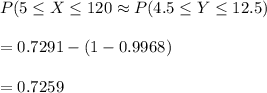 P(5\leq X\leq 120\approx P(4.5\leq Y\leq  12.5)\\\\=0.7291-(1-0.9968)\\\\=0.7259