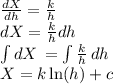 \frac{dX}{dh}=\frac{k}{h}\\dX=\frac{k}{h} dh\\\int {dX} \,=\int {\frac{k}{h} }\, dh\\X=k\ln(h)+c