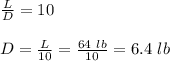 \frac{L}{D}=10\\\\D=\frac{L}{10}=\frac{64\ lb}{10}=6.4\ lb