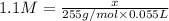 1.1 M=\frac{x}{255 g/mol\times 0.055 L}