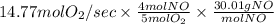 14.77 mol O_{2} /sec \times \frac{4 mol NO}{5 mol O_{2}} \times \frac{30.01 g NO}{mol NO}