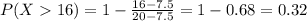 P(X16) =1- \frac{16-7.5}{20-7.5} = 1-0.68 = 0.32