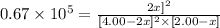 0.67\times 10^5=\frac{2x]^2}{[4.00-2x]^2\times [2.00-x]}