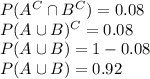 P(A^C\cap B^C) = 0.08\\P(A\cup B)^C = 0.08\\P(A\cup B) = 1-0.08\\P(A\cup B) = 0.92