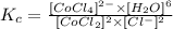 K_c=\frac{[CoCl_4]^{2-}\times [H_2O]^6}{[CoCl_2]^2\times [Cl^-]^2}