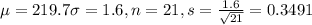\mu = 219.7 \sigma = 1.6, n = 21, s = \frac{1.6}{\sqrt{21}} = 0.3491