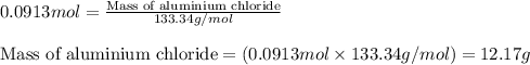 0.0913mol=\frac{\text{Mass of aluminium chloride}}{133.34g/mol}\\\\\text{Mass of aluminium chloride}=(0.0913mol\times 133.34g/mol)=12.17g