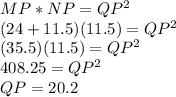 MP * NP = QP^2\\(24+11.5)(11.5)=QP^2\\(35.5)(11.5)=QP^2\\408.25=QP^2\\QP=20.2