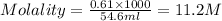 Molality=\frac{0.61\times 1000}{54.6ml}=11.2M
