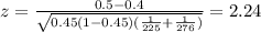 z=\frac{0.5-0.4}{\sqrt{0.45(1-0.45)(\frac{1}{225}+\frac{1}{276})}}=2.24