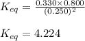 K_{eq}=\frac{0.330\times 0.800}{(0.250)^2}\\\\K_{eq}=4.224