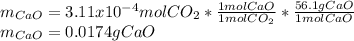 m_{CaO}=3.11x10^{-4}molCO_2*\frac{1molCaO}{1molCO_2}*\frac{56.1gCaO}{1molCaO}  \\m_{CaO}=0.0174gCaO