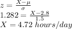 z=\frac{X-\mu}{\sigma} \\1.282=\frac{X-2.8}{1.5}\\ X=4.72\ hours/day