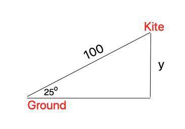 A kite on a 100-foot string is fastened to the ground, making a 25° angle with the ground. To the ne
