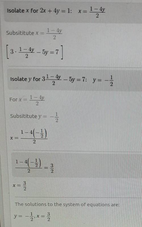 2x+4y=1 3x-5y=7  solve the simultaneous equations
