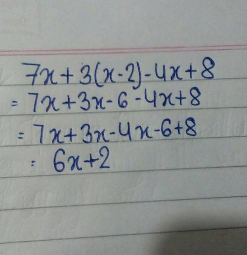 Can you simplify 7x + 3(x-2)-4x+8