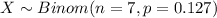 X \sim Binom(n=7, p=0.127)