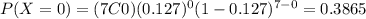P(X=0)=(7C0)(0.127)^0 (1-0.127)^{7-0}=0.3865