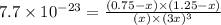 7.7\times 10^{-23}=\frac{(0.75-x)\times (1.25-x)}{(x)\times (3x)^3}