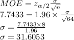 MOE=z_{\alpha/2}\frac{\sigma}{\sqrt{n}}\\7.7433=1.96\times \frac{\sigma}{\sqrt{64}}\\\sigma=\frac{7.7433\times 8}{1.96}\\\sigma=31.6053